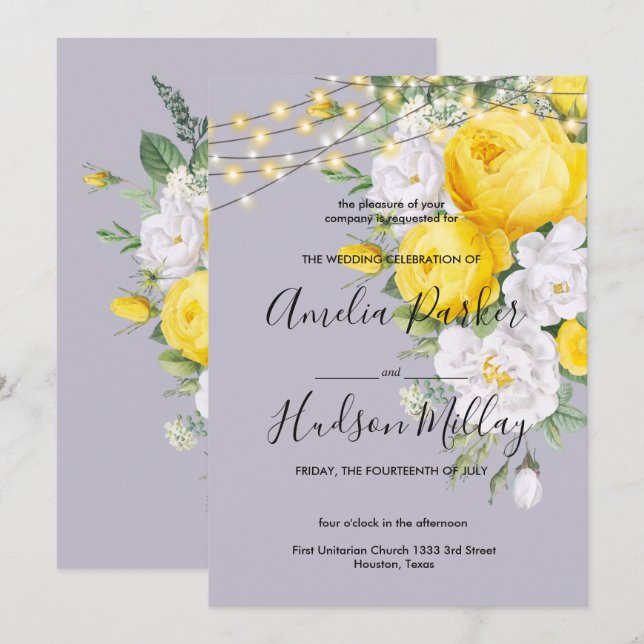 Invitation Lumières rustiques mariage floral jaune (Devant / Derrière)