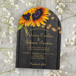 Invitation Lumières rustiques tournesols or grange bois maria