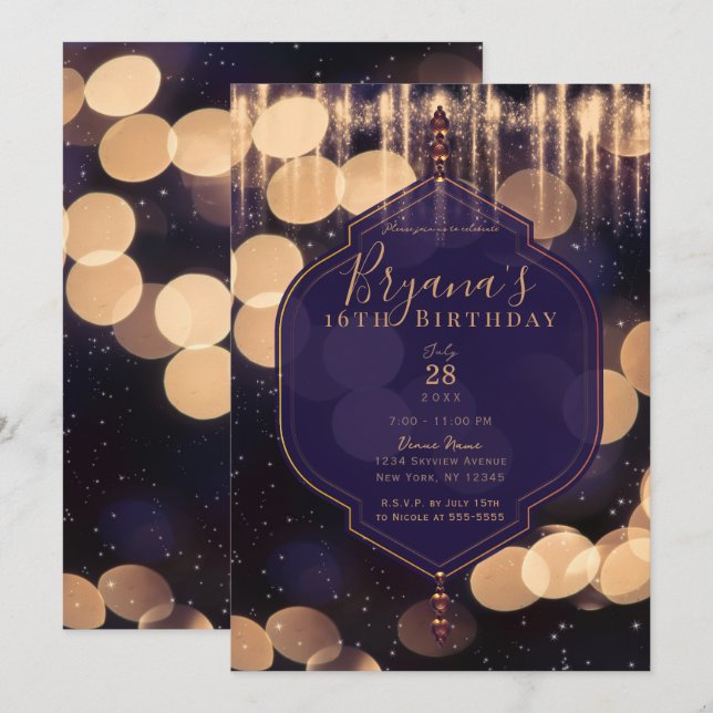 Invitation Lumières scintillantes dorées violettes Nuit mysti (Devant / Derrière)