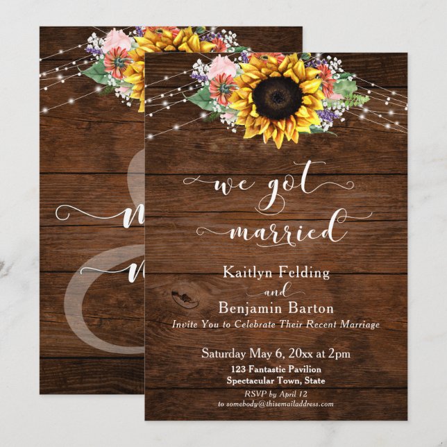 Invitation Lumières tournesol en bois brun rustique Nous somm (Devant / Derrière)