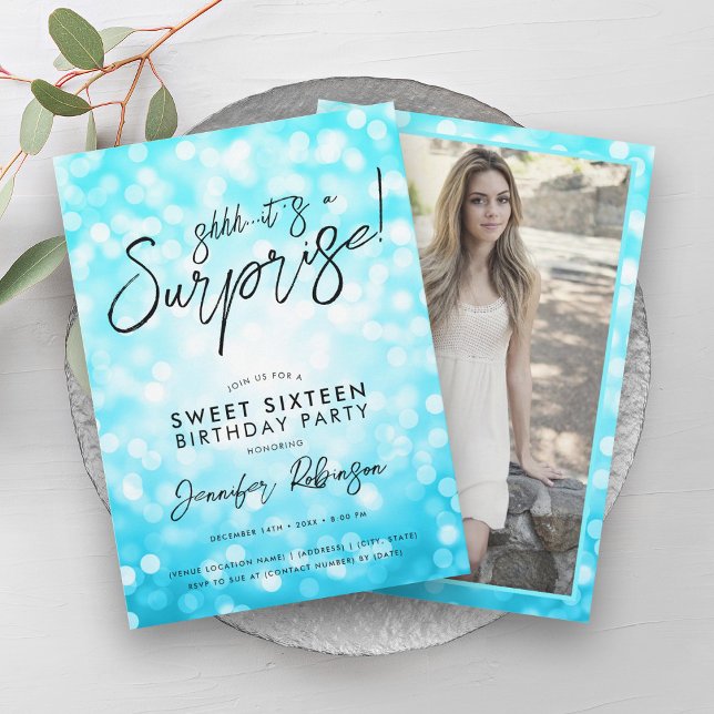 Invitation Lumières Turquoise moderne Photo Surprise Sweet 16 (Modern Turquoise Lights Photo Surprise Sweet 16 Invitation)