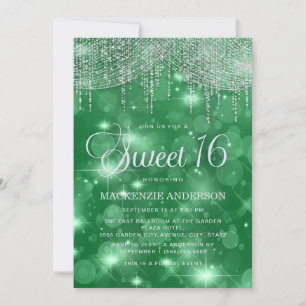 Invitation Lumières vertes en guirlande Bokeh Sweet 16