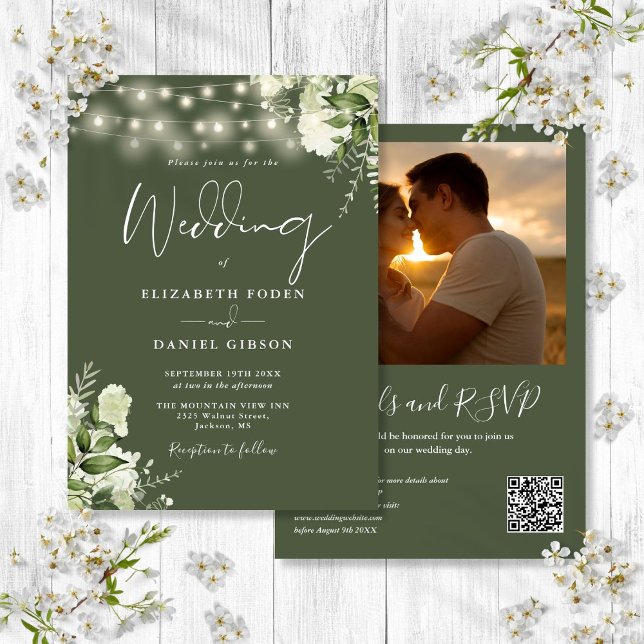 Invitation Lumières vertes QR Code Photo Olive Green Mariage (Greenery Lights QR Code Photo Olive Green Wedding Invitation)