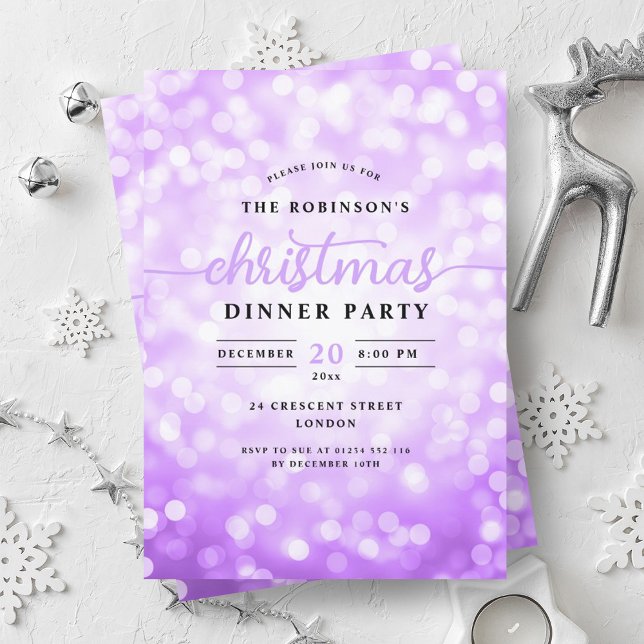 Invitation Lumières violettes glamour Dîner de Noël (Glamorous Purple Lights Christmas Dinner Party Invitation)