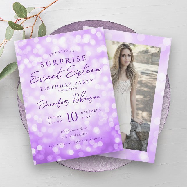 Invitation Lumières violettes Photo SURPRISE Sweet 16 (Purple Lights Photo SURPRISE Sweet 16 Invitation)