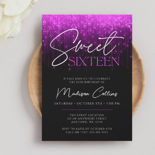 Invitation Lumières violettes Sweet 16 noir