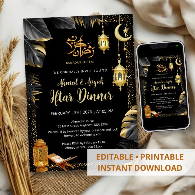 Invitation Luminaires dorés élégants et Monstera Ramadan Ifta (Créateur téléchargé)