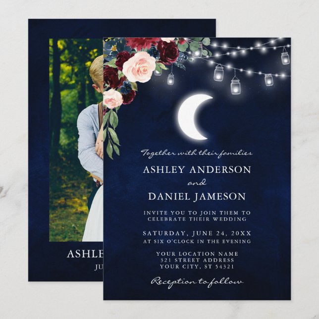 Invitation Luminaires floraux de la lune céleste Mariage phot (Devant / Derrière)