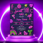 Invitation Luminosité laser néon des années 80 rétro Sweet 16<br><div class="desc">Un laser rétro cool et tendance des années 80 brillant de néon Sweet 16 sur mur de briques bleu marine avec illustration néon électrique signe de flamingo, lunettes de soleil, baiser, ananas, arc-en-ciel, coeurs, fleurs. lune, patins à roulettes, boule disco et plus encore. Parfait pour la lueur dans l'obscurité, arcade...</div>