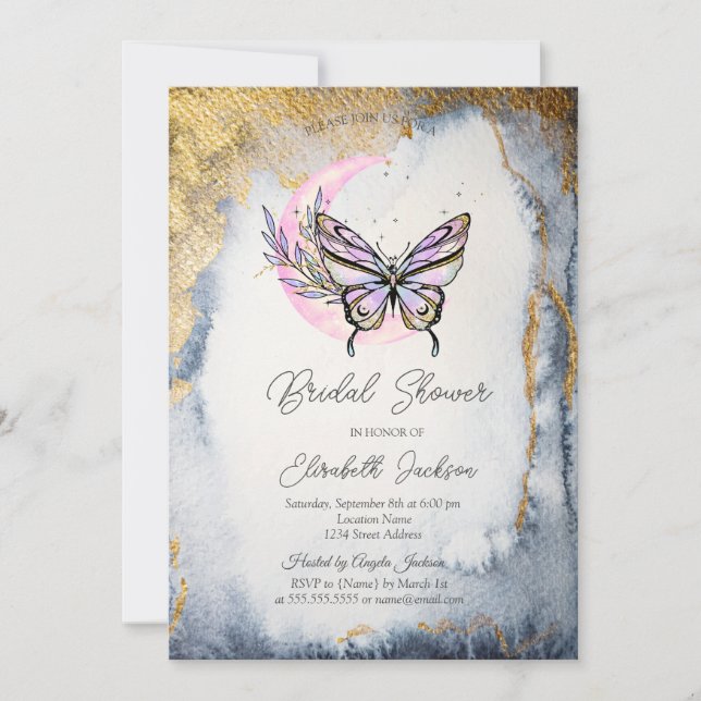 Invitation Lunaire Fleur Céleste Papillon Salle de Mariage  (Devant)