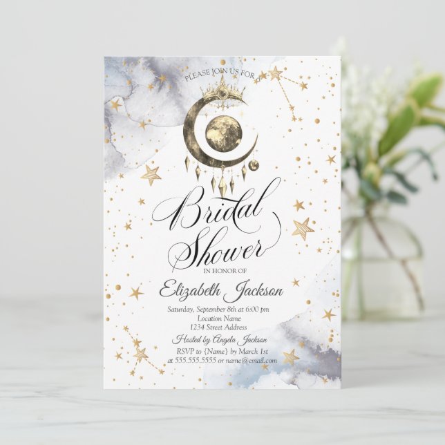 Invitation Lunaires Célestes, Couronne, Étoiles Baby Shower (Debout devant)