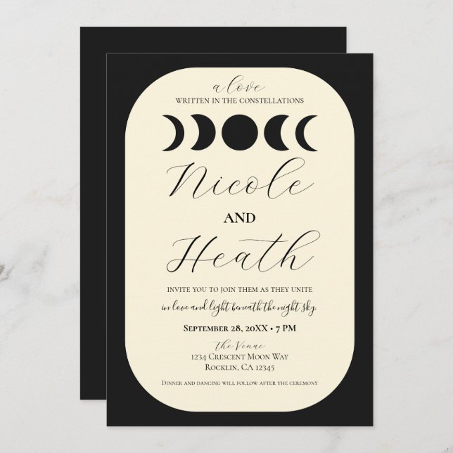 Invitation Lunar Luxe Black & Cream Moon Mariage (Devant / Derrière)