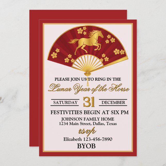Invitation Lunar Year of the Horse New Years Eve Party (Devant / Derrière)