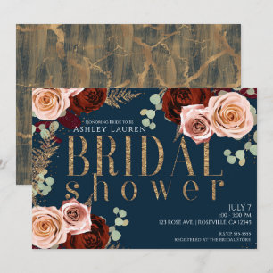 Invitation Lunatique Glamour Bleu foncé Or Rose Roses Enterre