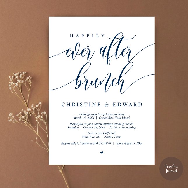 Invitation Lunch de mariage en fuite Happily Ever After, Bleu (Happily Ever After Elopement Brunch Invitation Card, Post-wedding, PDF, in Navy Blue)