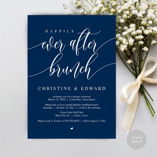 Invitation Lunch de mariage intime et heureux, Bleu marine (Happily Ever After Elopement Brunch Invitation Card, Post-wedding, PDF, in Navy Blue)