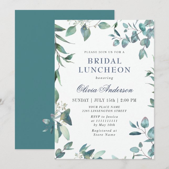 Invitation Luncheon de mariage à la verdure d'eucalyptus aqua (Devant / Derrière)