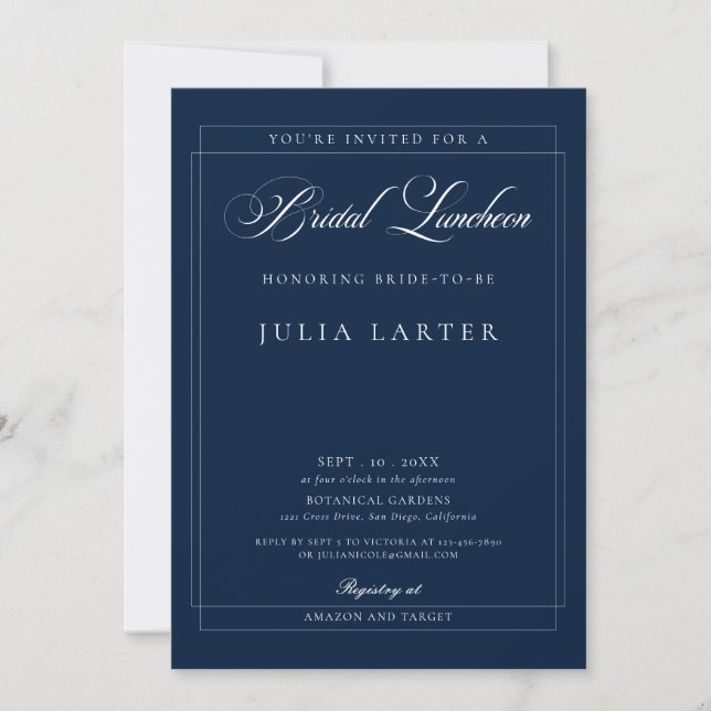 Invitation Luncheon de mariage calligraphié bleu ivoire class (Devant)