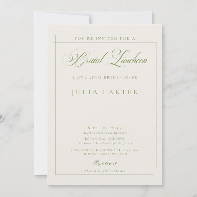 Invitation Luncheon de mariage calligraphié vert ivoire class (Devant)