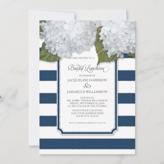 Invitation Luncheon de mariage Hydrangea blanc Rayure bleu ma (Devant)