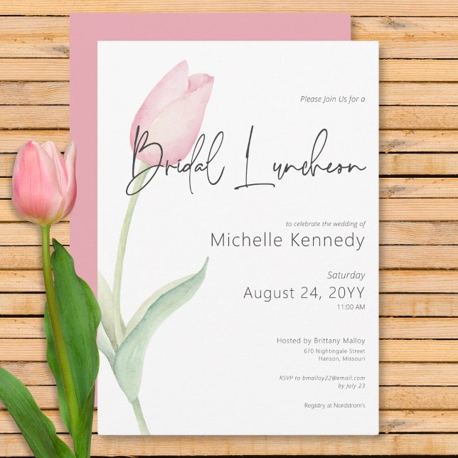 Invitation Luncheon de mariage moderne avec tulipe rose solo (Modern Pink Tulip Solo Bridal Luncheon Invitation)