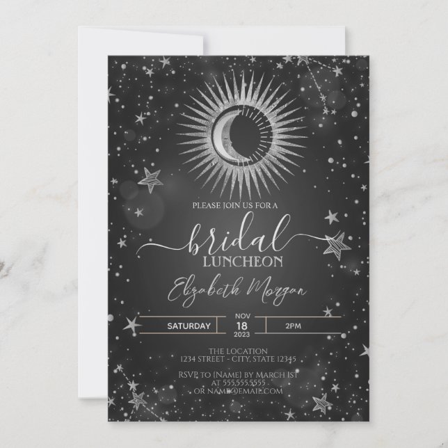 Invitation Luncheon de mariage Soleil Argent Céleste, Lune, É (Devant)