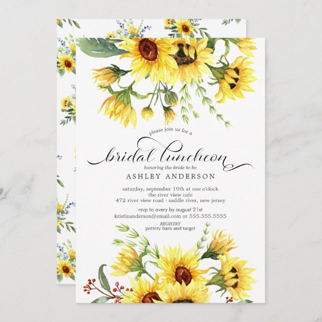 Invitation Luncheon de mariage tournesol jaune enjoué (Devant / Derrière)