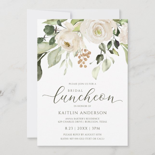 Invitation Luncheon de Noces Fleurs et Feuillage Blanc (Devant)