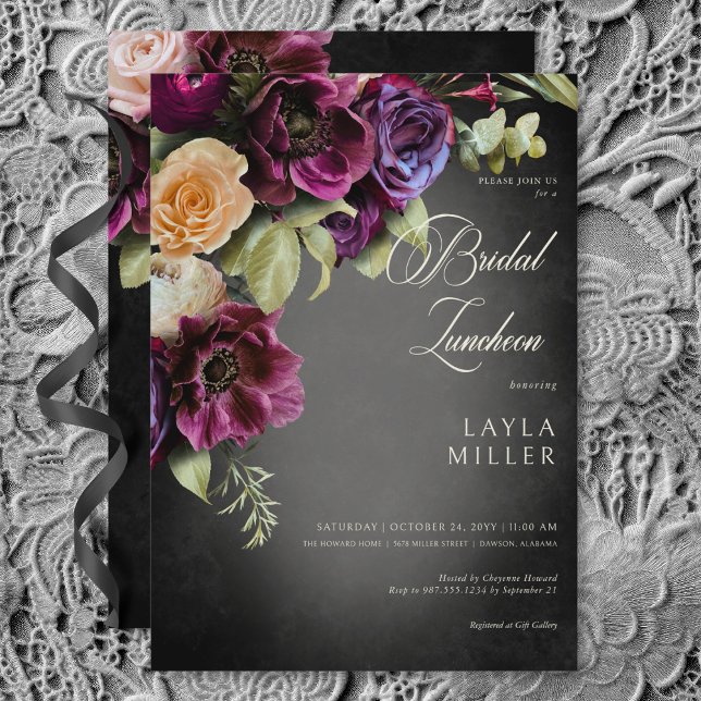 Invitation Luncheon de nuptiale floral noir élégant foncé (Dark Elegant Black Blur Floral Bridal Luncheon Invitation)