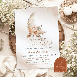 Invitation Lune Beige Boho Floral Girl Baby shower