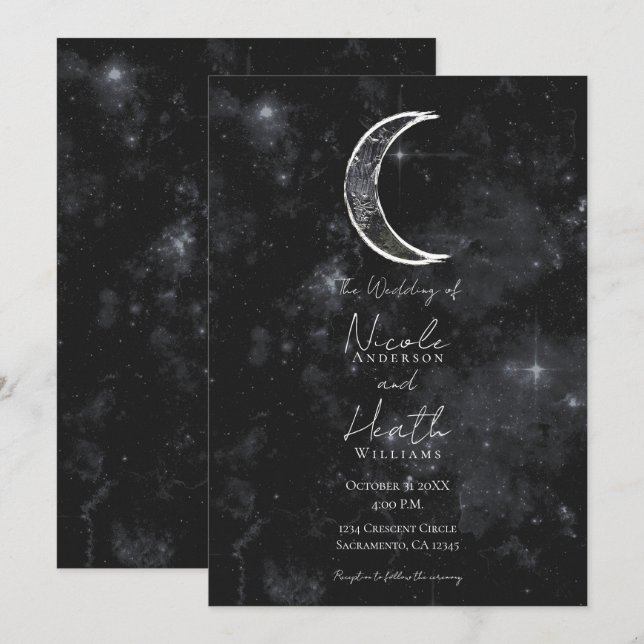 Invitation Lune Blanche Noire Nuit Céleste Étoilée Mariage (Devant / Derrière)
