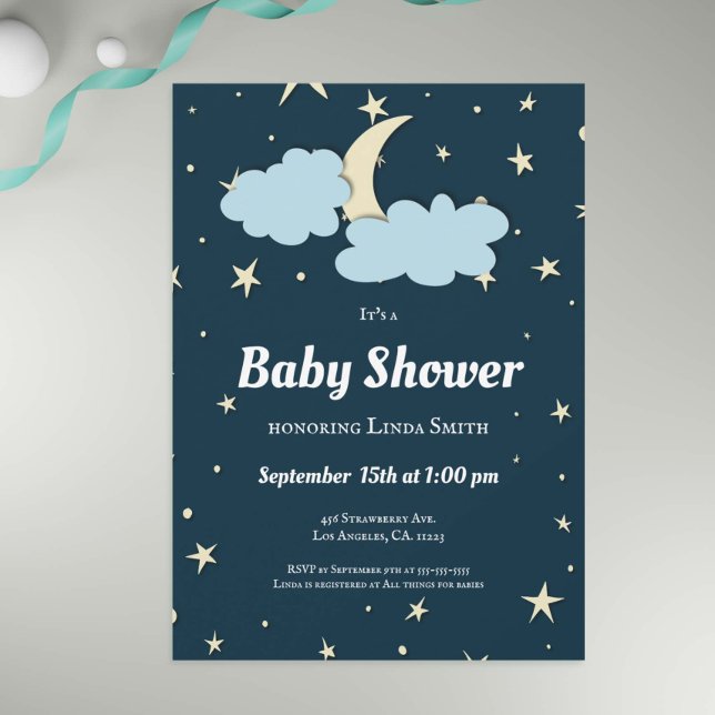 Invitation Lune Bleue Foncé & Étoiles Élégant Baby shower Neu (Créateur téléchargé)