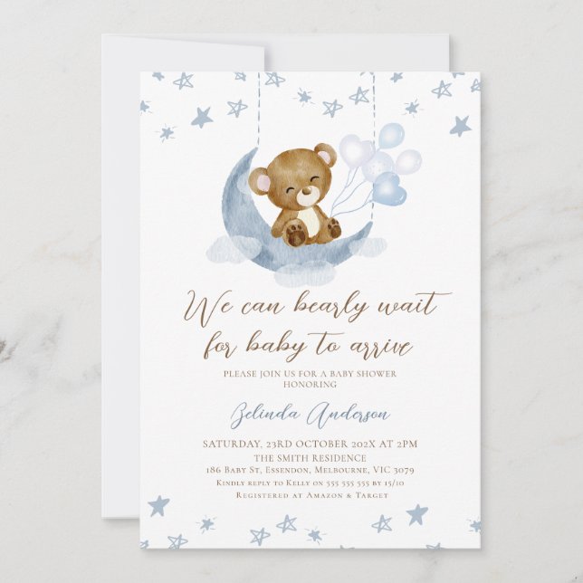 Invitation Lune Brown Bleue Nous Pouvons Attendre Baby shower (Devant)