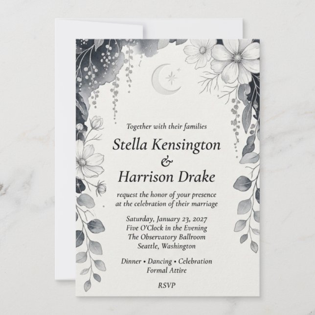 Invitation Lune céleste, Cosmos noir et blanc, Eucalyptus (Devant)