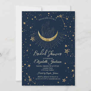 Invitation Lune céleste, Diamants Étoiles Bleu Baby Shower 