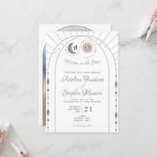 Invitation Lune céleste et crête de monogramme solaire RSVP Q