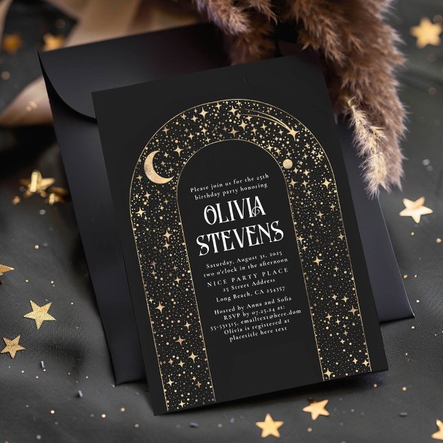 Invitation Lune céleste et étoiles Anniversaire mystique noir (Celestial Astronomy Birthday Invitations)