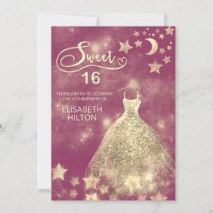 Invitation Lune céleste et étoiles calligraphie sweet sixteen