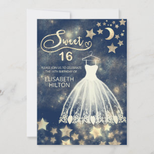 Invitation Lune céleste et étoiles calligraphie sweet sixteen