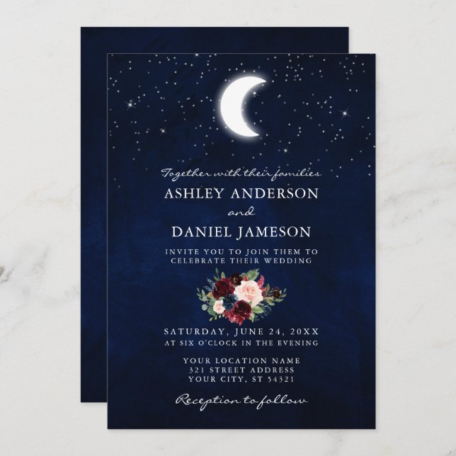 Invitation Lune céleste et étoiles Floral Photo Mariage (Devant / Derrière)