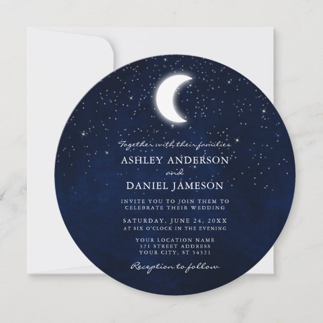 Invitation Lune céleste et étoiles Mariage rond (Devant)