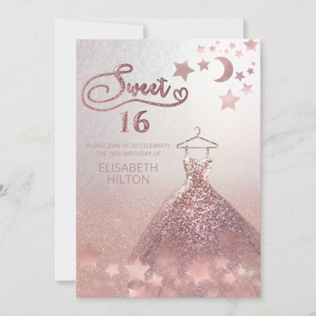 Invitation Lune céleste et étoiles sweet sixteen d'or rose (Devant)
