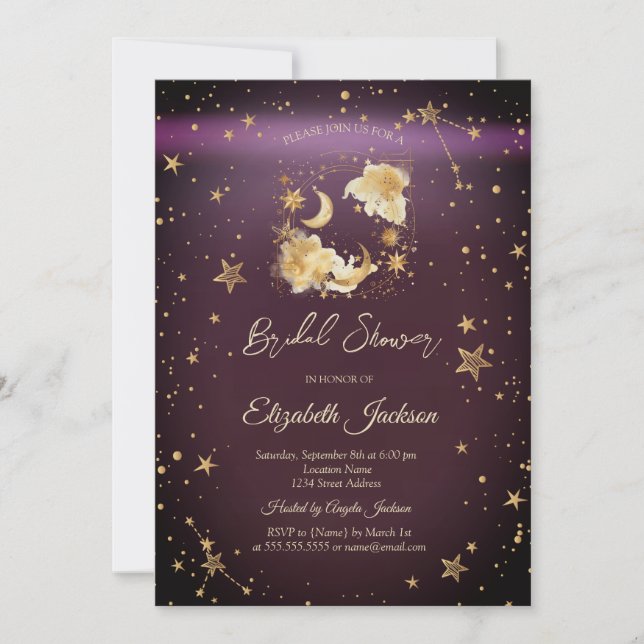 Invitation Lune céleste étoiles bordeaux Baby Shower (Devant)