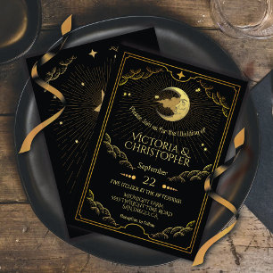 Invitation Lune céleste & Étoiles Faux Gold Mariage
