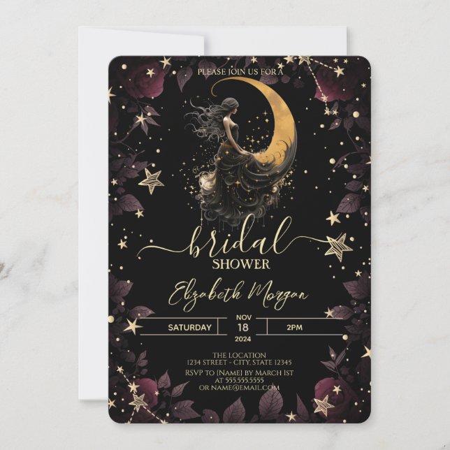 Invitation Lune céleste, Fille, Fleurs d'étoiles Shower Nupti (Devant)