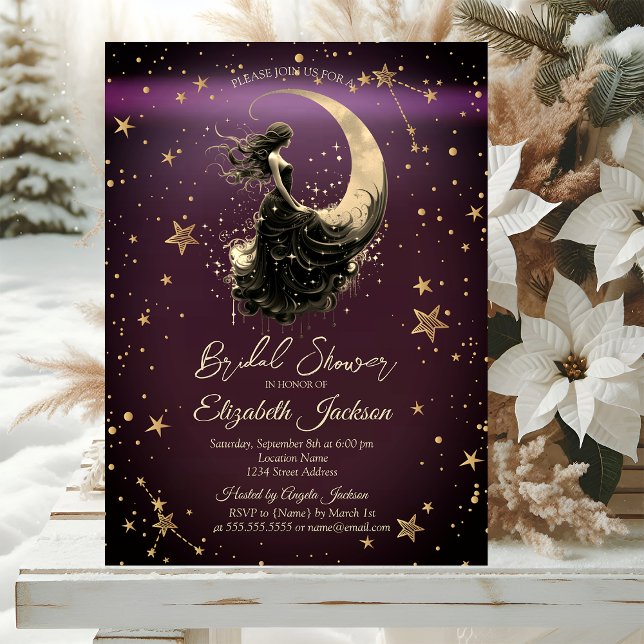 Invitation Lune céleste, Filles Étoiles Burgundy Enterrement  (Créateur téléchargé)