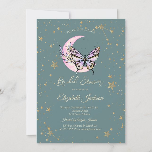 Invitation Lune céleste, papillons étoiles vertes pour une do (Devant)