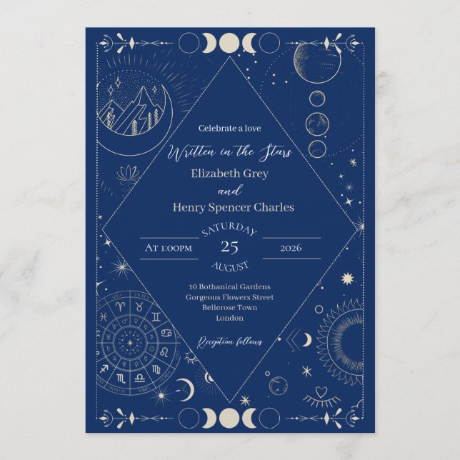 Invitation Lune céleste soleil étoiles constellations mariage (Devant)