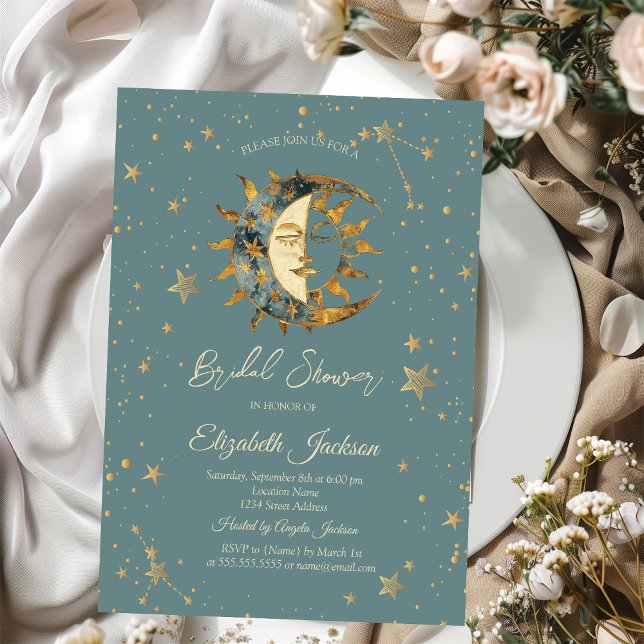 Invitation Lune céleste, Soleil Étoiles Vertes Baby Shower (Créateur téléchargé)