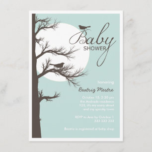 Invitation Lune d'arbre d'oiseau de brun bleu de baby shower